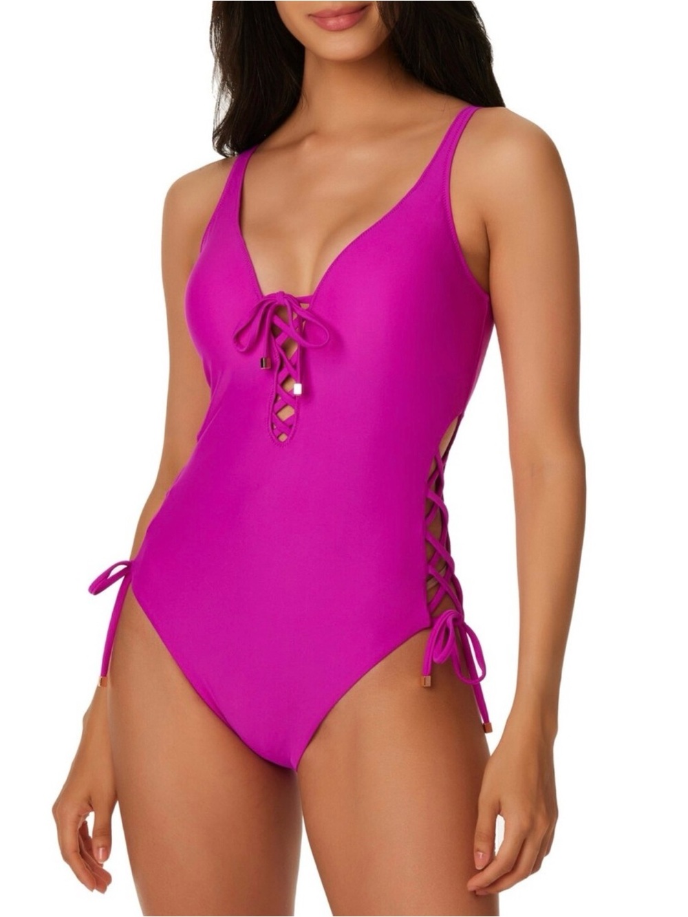 Bar III Bright Fuchsia Lace-Up One-Piece Swimsuit